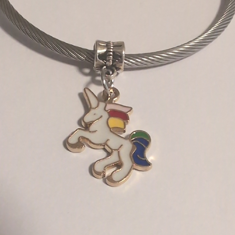 Gold Rainbow Hair White Unicorn Dangle Charm for Pandora Style Bracelet